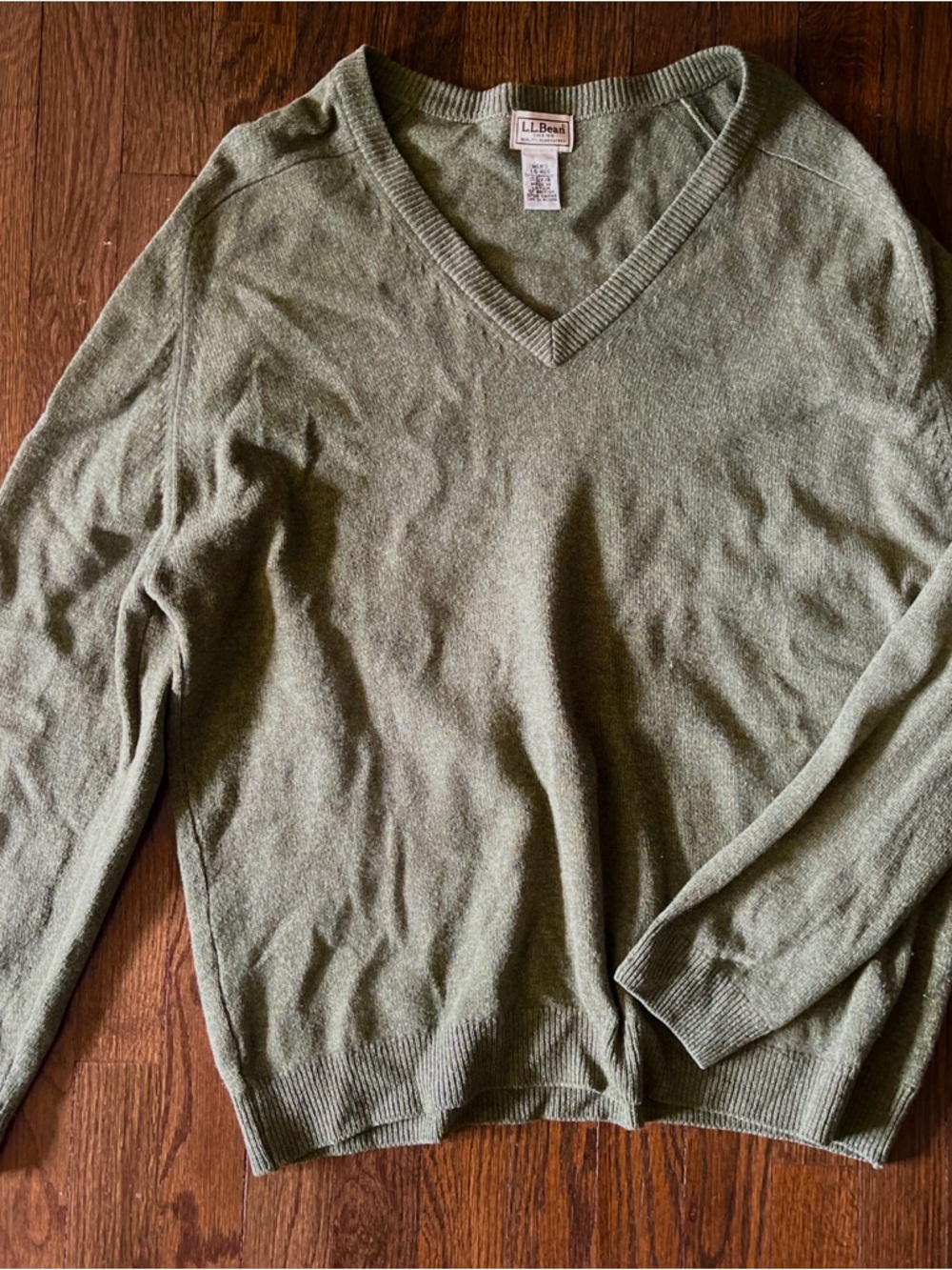 L.L. Bean V-Neck Lambswool Sweater - Olive Green